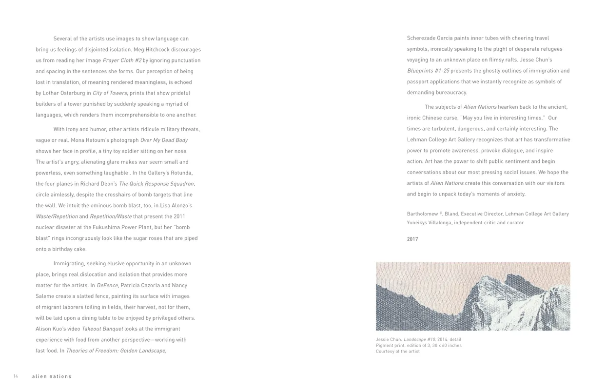 Alien Nations (2017) exhibition catalog, pages 14-15