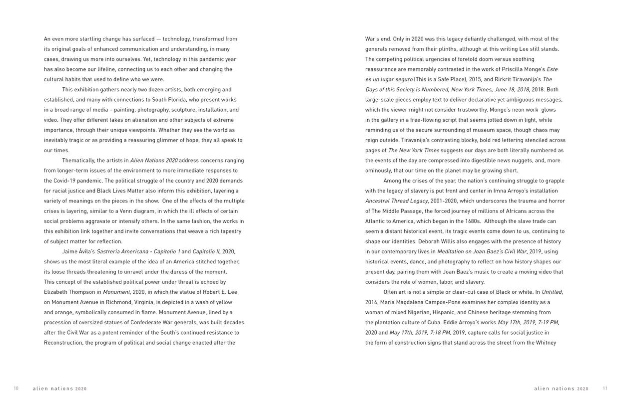 Alien Nations 2020 exhibition catalog, pages 10-11