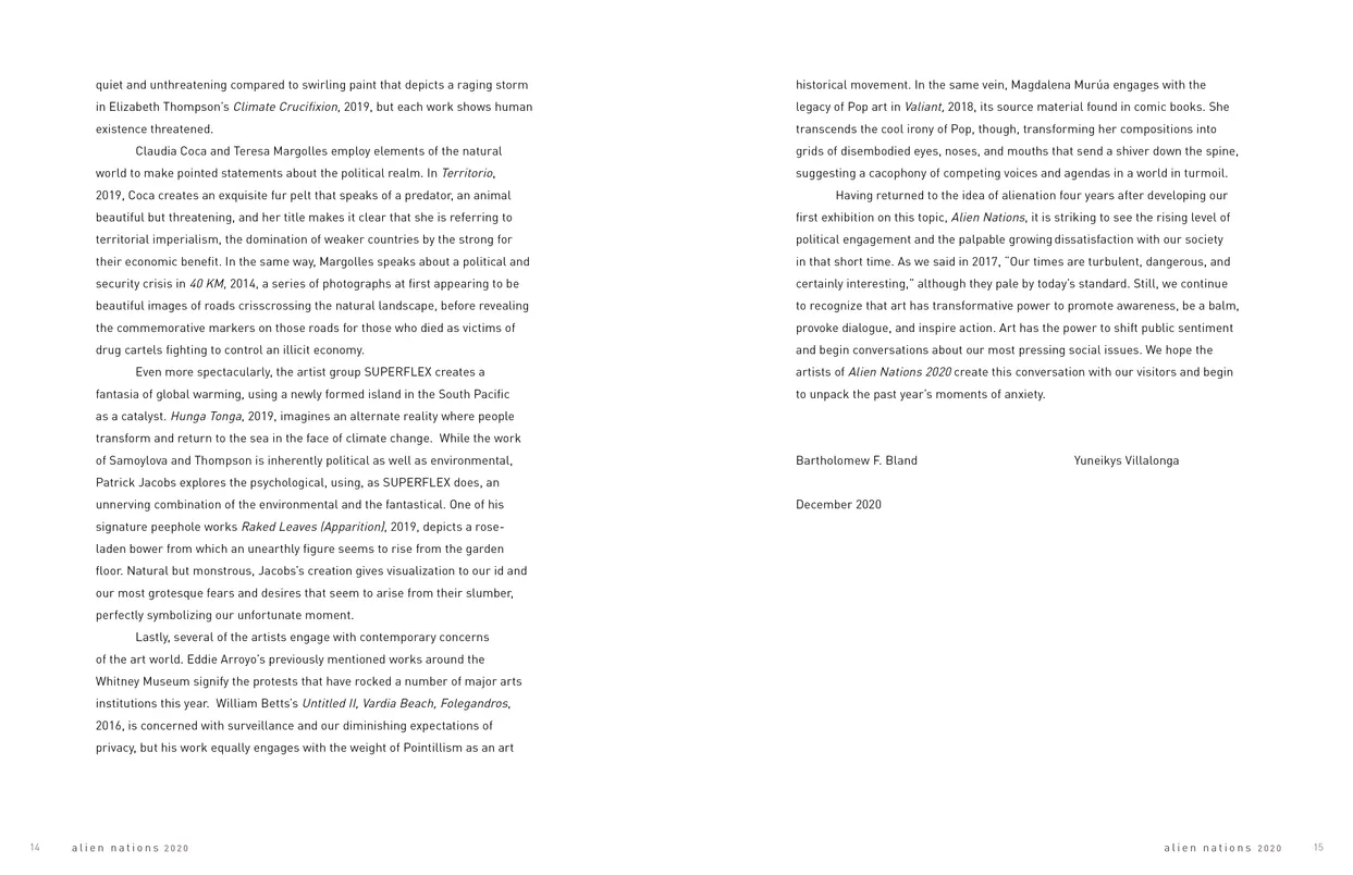 Alien Nations 2020 exhibition catalog, pages 14-15