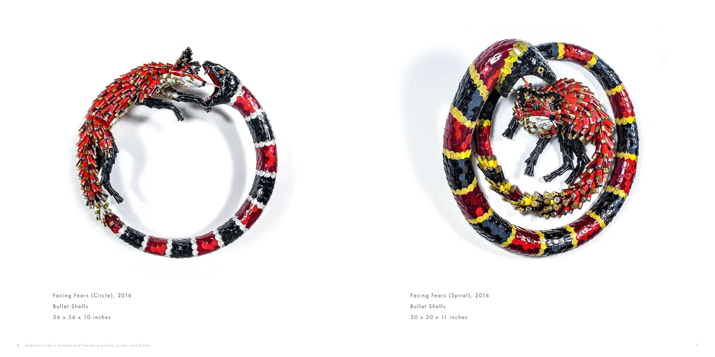 Federico Uribe: Animals and Friends in Pencils, Books, and Bullets exhibition catalog, pages 6-7