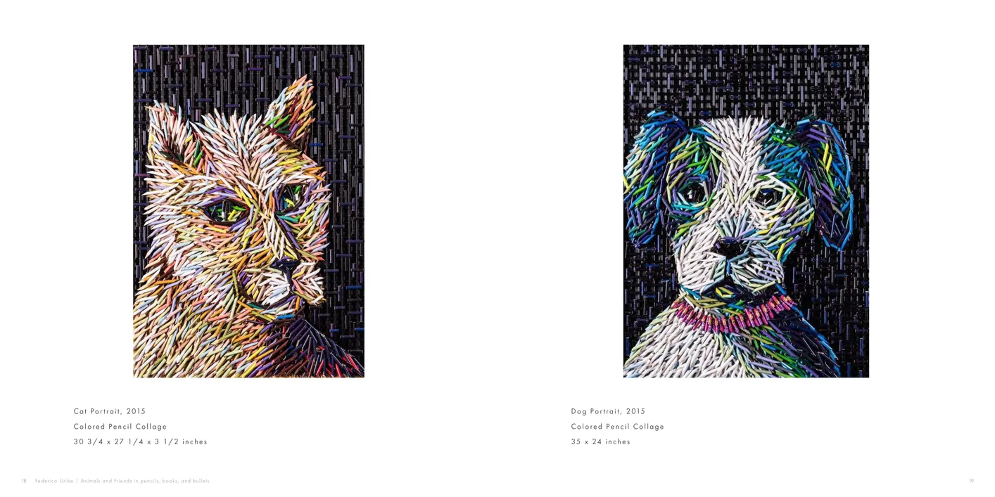 Federico Uribe: Animals and Friends in Pencils, Books, and Bullets exhibition catalog, pages 18-19