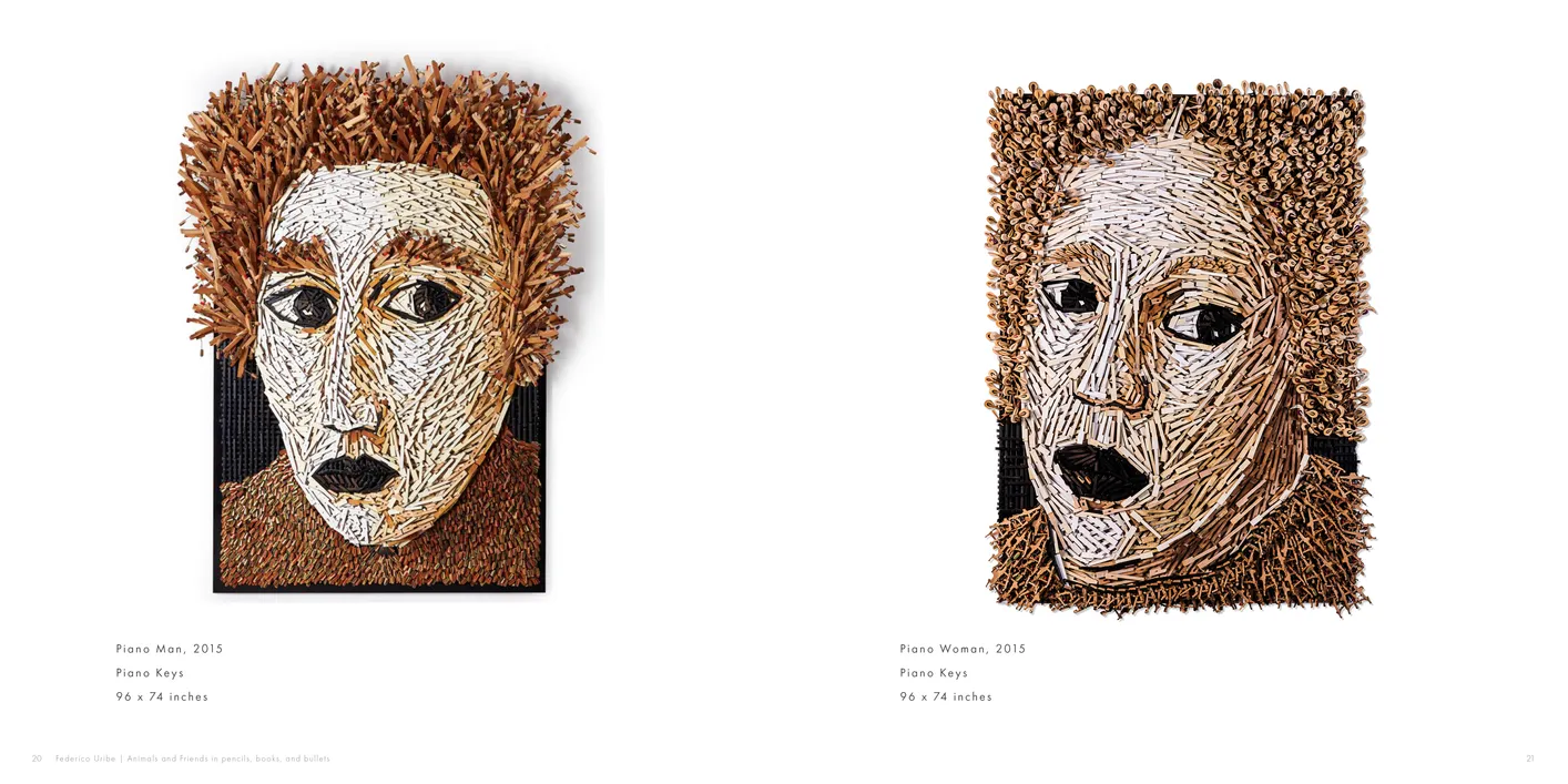 Federico Uribe: Animals and Friends in Pencils, Books, and Bullets exhibition catalog, pages 20-21