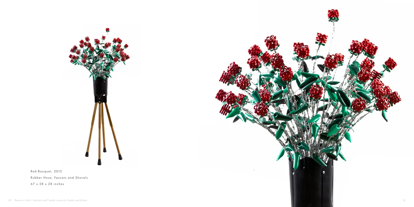 Federico Uribe: Animals and Friends in Pencils, Books, and Bullets exhibition catalog, pages 32-33