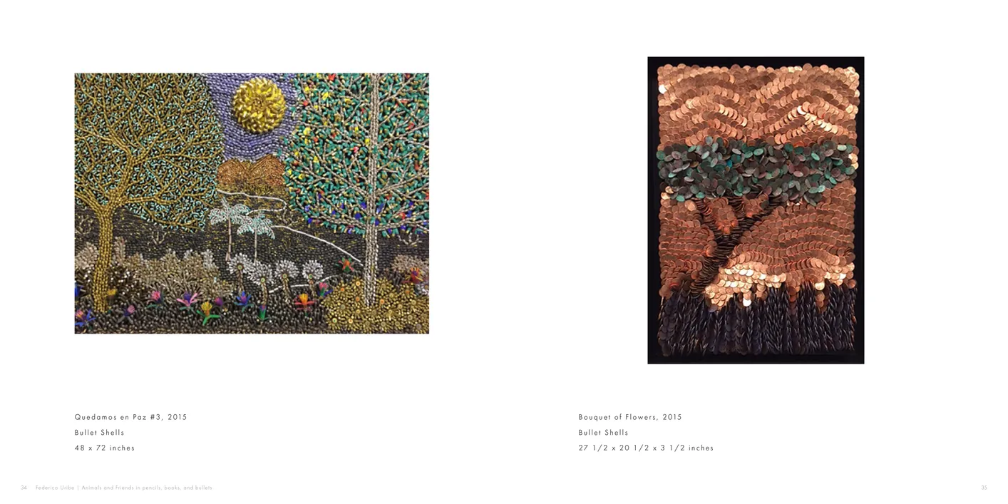 Federico Uribe: Animals and Friends in Pencils, Books, and Bullets exhibition catalog, pages 34-35