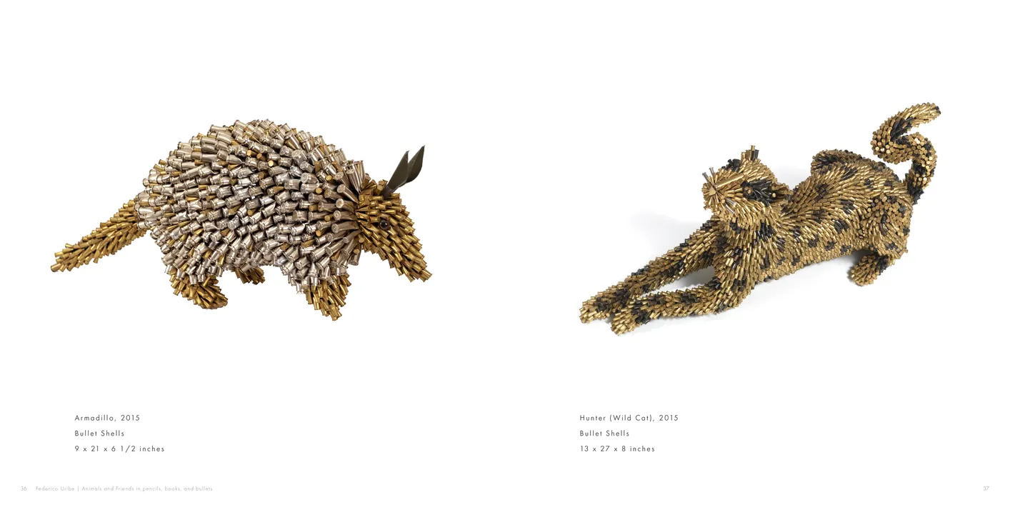 Federico Uribe: Animals and Friends in Pencils, Books, and Bullets exhibition catalog, pages 36-37