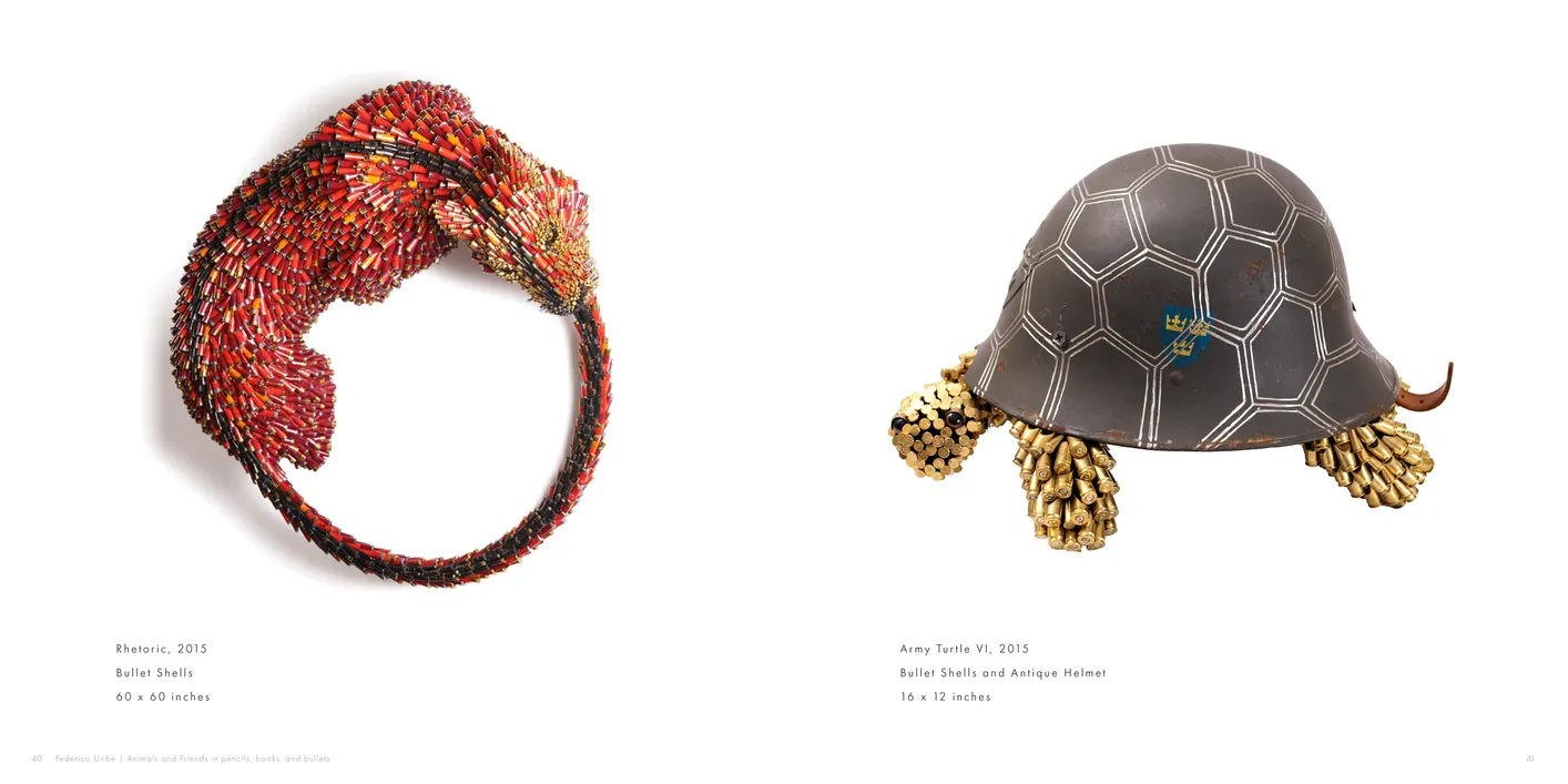 Federico Uribe: Animals and Friends in Pencils, Books, and Bullets exhibition catalog, pages 40-41