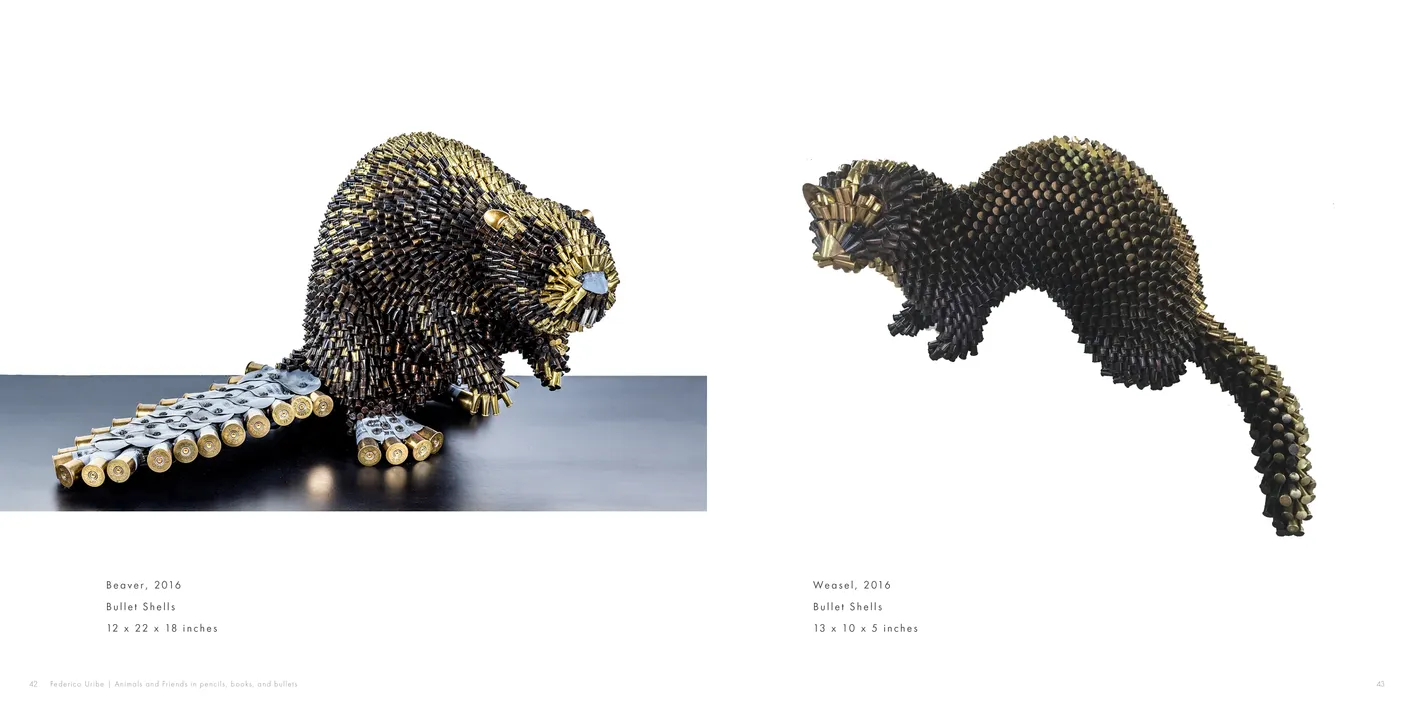 Federico Uribe: Animals and Friends in Pencils, Books, and Bullets exhibition catalog, pages 42-43