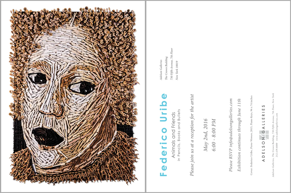 Invitation for the Federico Uribe: Animals and Friends in Pencils, Books, and Bullets exhibition