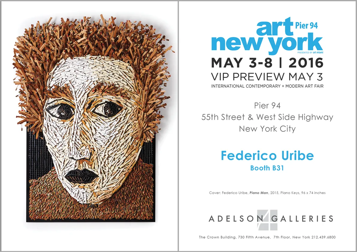 Takeaway card for the Federico Uribe: Animals and Friends in Pencils, Books, and Bullets exhibition and the Art New York fair