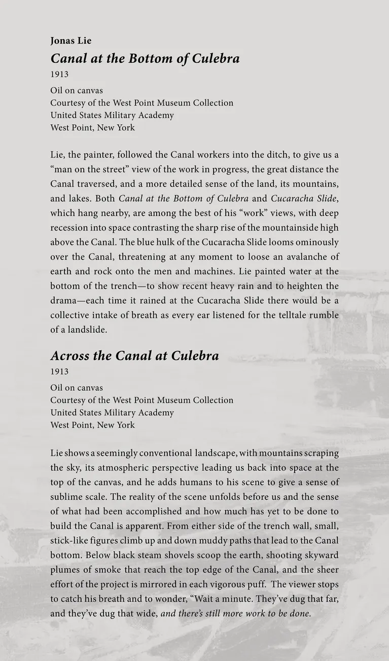 Caption panel for the artworks Canal at the Bottom o Culebra & Across the Canal at Cluebra at the Oh Panama! Jonas Lie Paints the Panama Canal exhibition