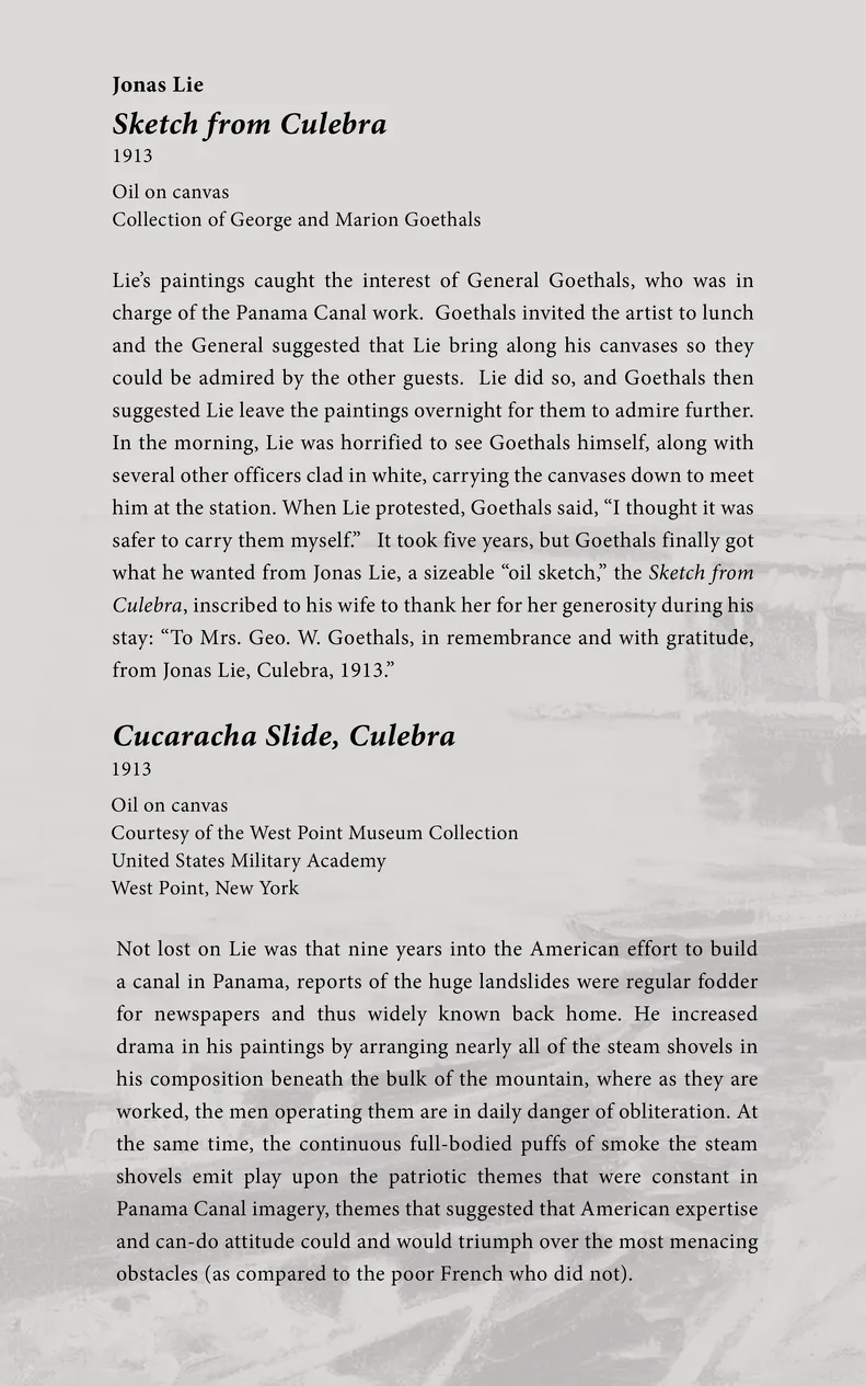 Caption panel for the artworks Sketch from Culebra & Cucaracha Slide, Culebra at the Oh Panama! Jonas Lie Paints the Panama Canal exhibition