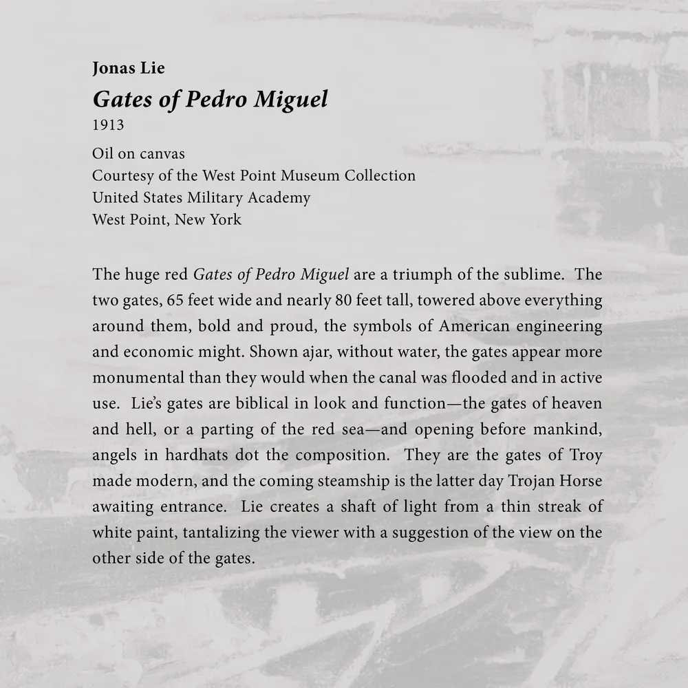 Caption panel for the artwork Gates of Pedro Miguel at the Oh Panama! Jonas Lie Paints the Panama Canal exhibition