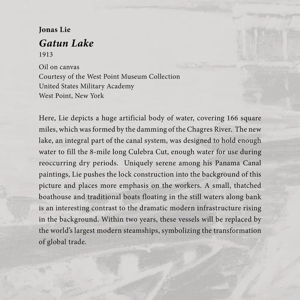 Caption panel for the artwork Gatun Lake at the Oh Panama! Jonas Lie Paints the Panama Canal exhibition