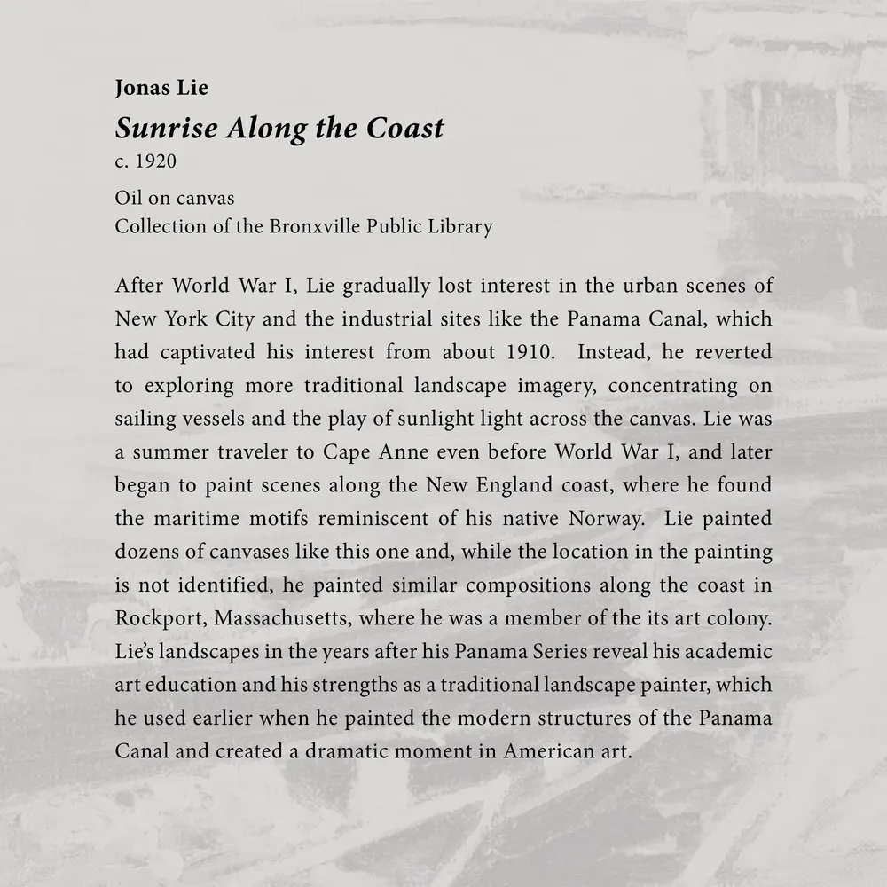 Caption panel for the artwork Sunrise Along the Coast at the Oh Panama! Jonas Lie Paints the Panama Canal exhibition