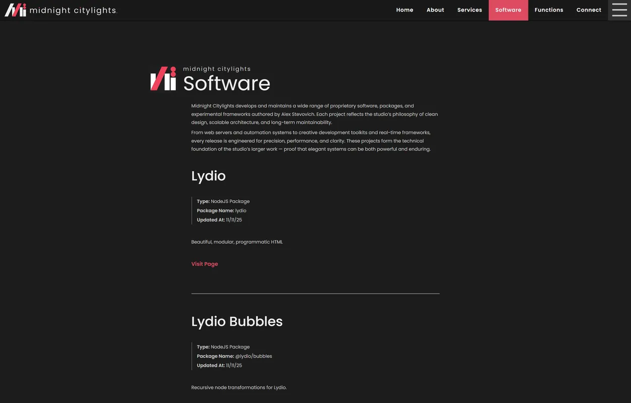 Midnight Citylights Website — Software Page