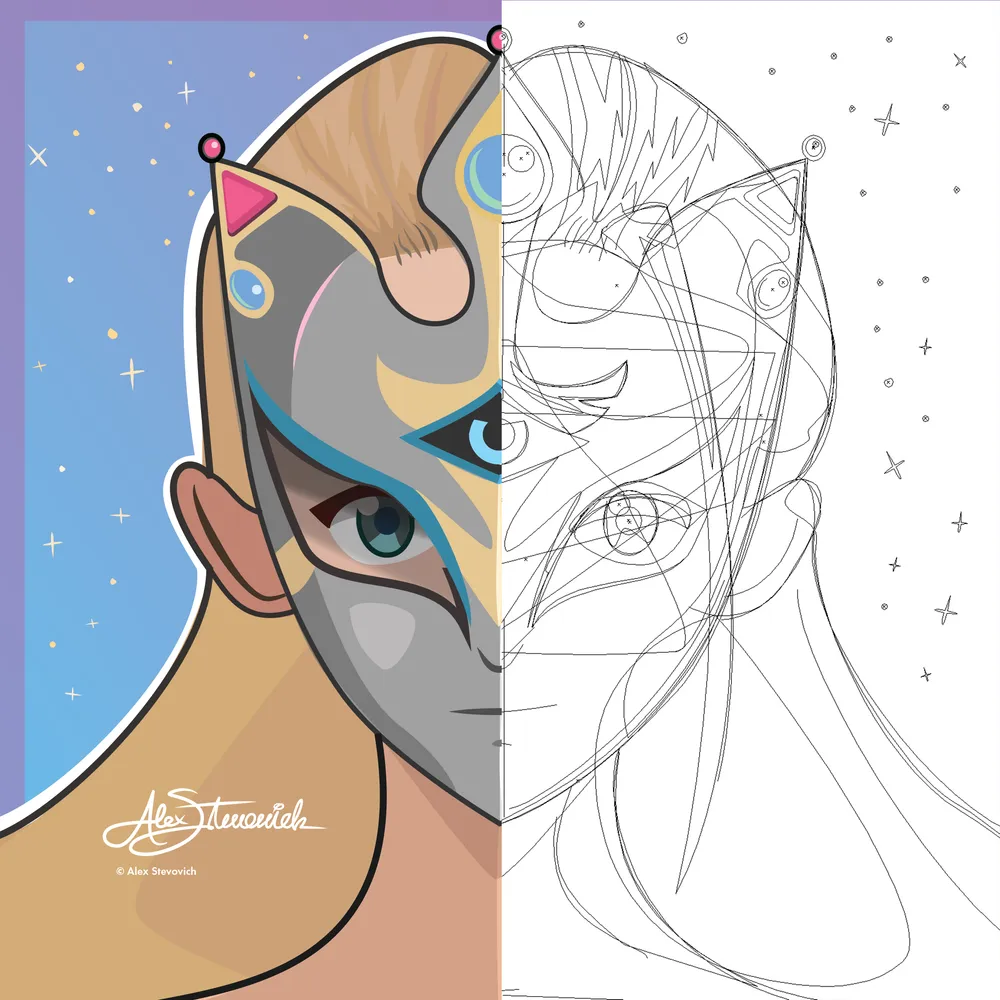 Seo Masked Princess Illustration — Vector Artwork Split Display