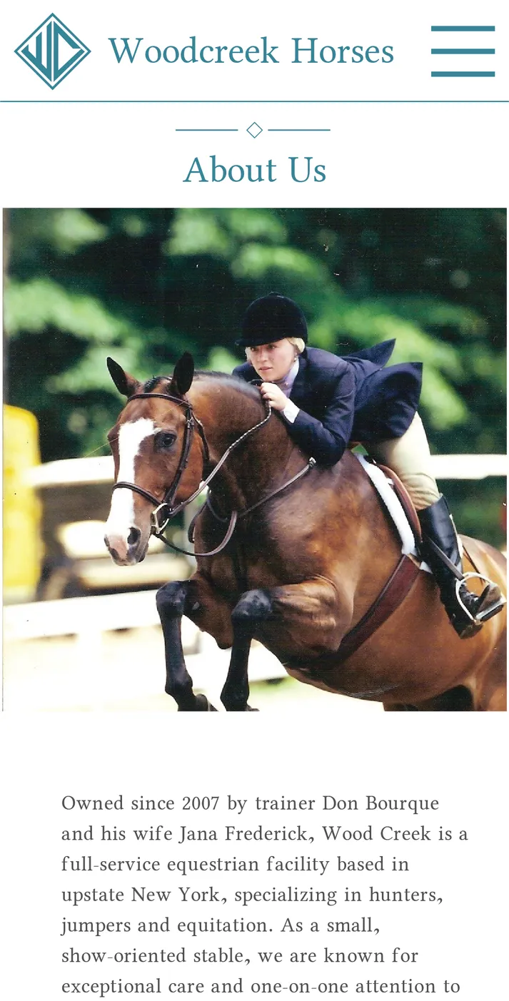Woodcreek Horses Website — About Page (Mobile)