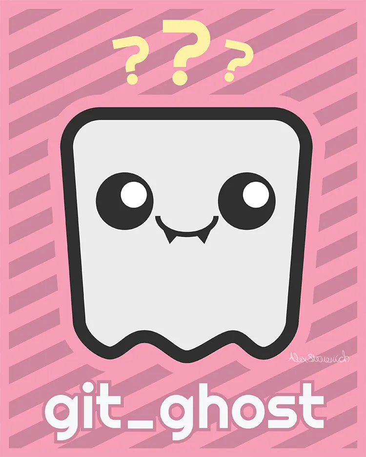 Graphic poster for <i>git-ghost</i> software project. Graphic Drawing by Alex Stevovich and featuring the git_ghost character illustration by Alex Stevovich. Poster and Character ©Alex Stevovich