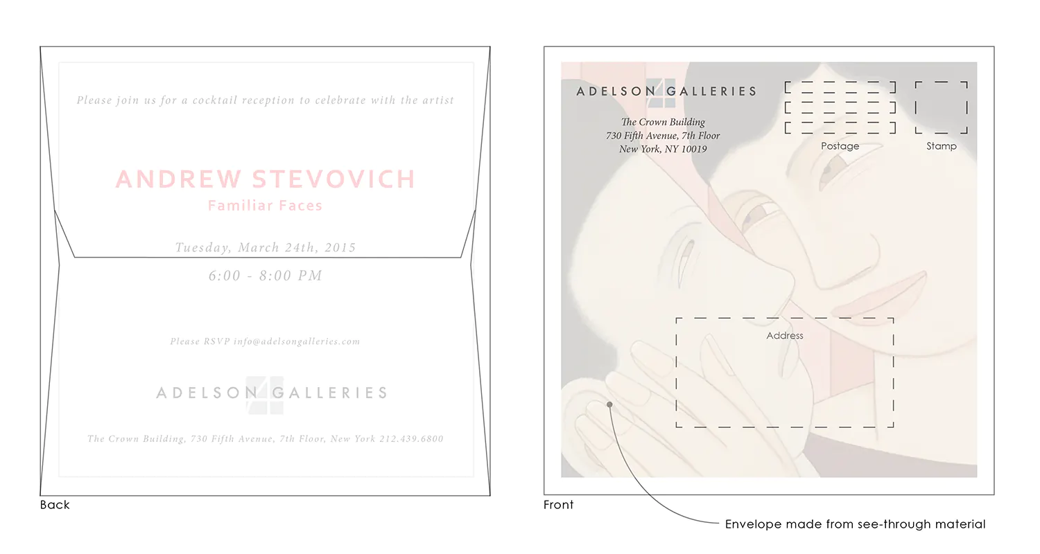 Envelope design proposal document for the invitation to <i>Andrew Stevovich: Familiar Faces</i> for Adelson Galleries. Envelope Design by Alex Stevovich