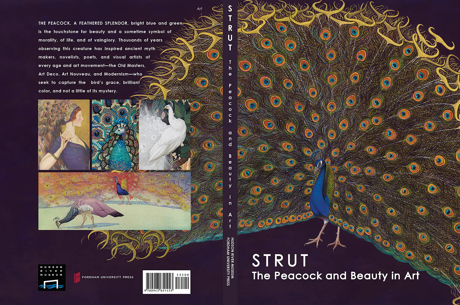 The front and back cover for the publication <i>Strut: The Peacock and Beauty in Art</i> for the Hudson River Museum. Publication design by Alex Stevovich.